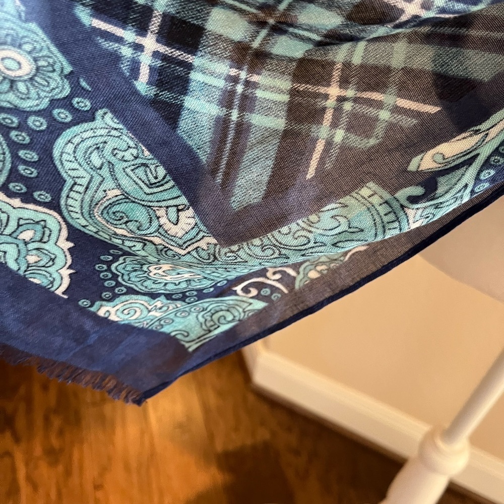 Talbots Teal and Navy White Paisley and Plaid Pattern Blue Tones Lightweight - Picture 7 of 10
